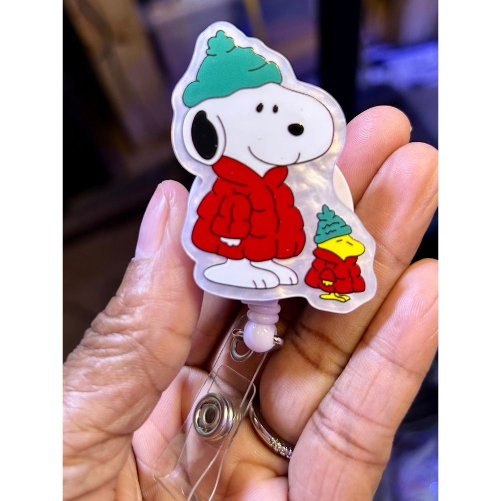 Snoopy Woodstock Peanuts Retractable ID Badge Reel Christmas Winter Puffer Coat